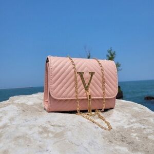 Chevron Crossbody Flap Bag with Tassel Chain 
Ladies Small | Gold Hardware Pink